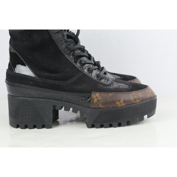LOUIS VUITTON Boots Suede Monogram Laureate Platform Lace Desert Combat Size 37 - Picture 2 of 16